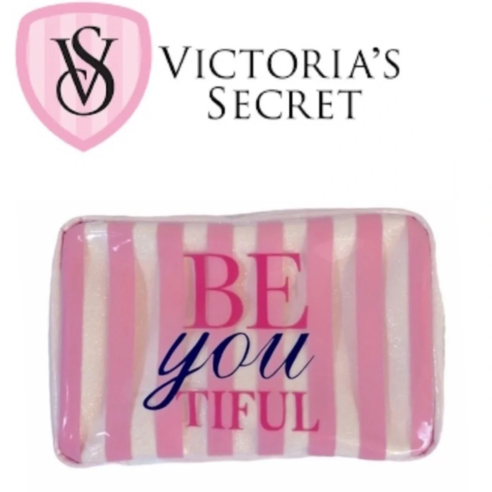 Victoria's Secret Cosmetic Bag Pouchette Delicate Stripes Pastel Pink White